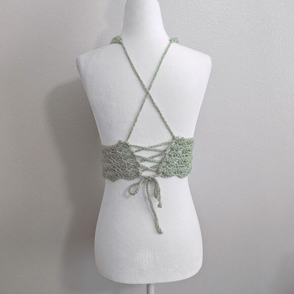 Handmade Sage Green Crochet Shell Stitch Halter Top w/ Lace Up Back | Size S - Picture 3 of 7